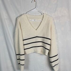 Altar'd State Cream V-Neck Sweater with Black Stripes